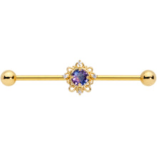 Load image into Gallery viewer, 14G Purple Tourmaline Gold Tone Filigree Industrial Barbell 38mm