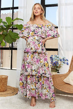 Load image into Gallery viewer, Layered Floral Off-Shoulder Short Sleeve Maxi Dress β Elegant Off-Shoulder Maxi Dress with Layered Floral Pattern for a Romantic Look