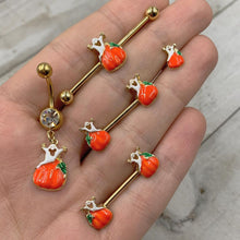 Load image into Gallery viewer, 14G Gold Tone Haunted Pumpkin Industrial Barbell 38mm