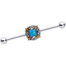 Load image into Gallery viewer, 14G Yellow Gem Blue Faux Turquoise Square Industrial Barbell 38mm