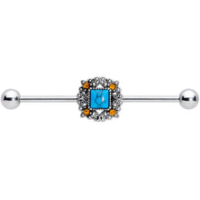 Load image into Gallery viewer, 14G Yellow Gem Blue Faux Turquoise Square Industrial Barbell 38mm