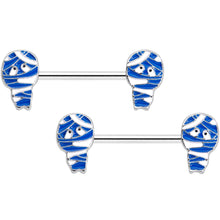 Load image into Gallery viewer, 14G 9/16 Blue White Mummy Halloween Barbell Nipple Ring Set