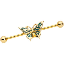 Load image into Gallery viewer, 14G Gold Tone Green Inlay Butterfly Industrial Barbell 38mm