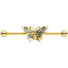 Load image into Gallery viewer, 14G Gold Tone Green Inlay Butterfly Industrial Barbell 38mm