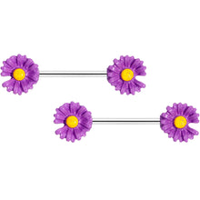 Load image into Gallery viewer, 14G 5/8 Purple Daisy Flower Barbell Nipple Ring Set