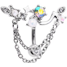 Load image into Gallery viewer, White Faux Opal Aurora Clear Gem Chain Dangle Top Mount Belly Ring