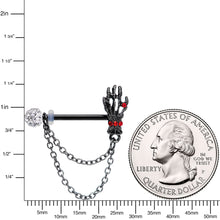 Load image into Gallery viewer, 14G 9/16 Red Gem Skeleton Hands Black Halloween Nipple Ring Set