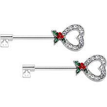 Load image into Gallery viewer, 14G 9/16 Clear Gem Holiday Holly Key Heart Barbell Nipple Ring Set