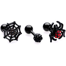 Load image into Gallery viewer, 16G 1/4 Black Red Gem Spider Halloween Cartilage Tragus Set of 3