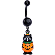 将图片加载到图库查看器,Black Gem Black Cat Surprise Pumpkin Halloween Dangle Belly Ring