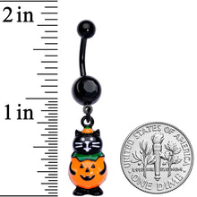 将图片加载到图库查看器,Black Gem Black Cat Surprise Pumpkin Halloween Dangle Belly Ring