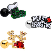 Load image into Gallery viewer, 16G 1/4 Red CZ Gem Gold Tone Christmas Cartilage Earring Set of 3