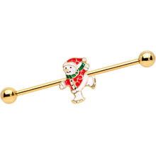 Load image into Gallery viewer, 14G Gold Tone Skating Snowman Christmas Industrial Barbell 38mm