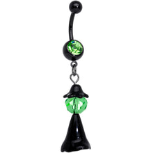 Load image into Gallery viewer, Green Gem Black Spooky Witch Halloween Dangle Belly Ring
