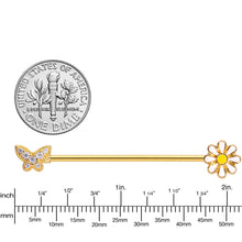 将图片加载到图库查看器,14G Clear Gem Gold Tone Butterfly Daisy `Industrial Barbell 38mm