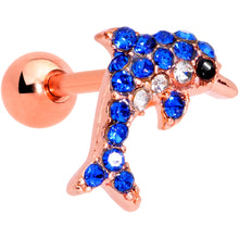 Load image into Gallery viewer, 16G 1/4 Blue Gem Rose Gold Tone Dolphin Cartilage Tragus Earring