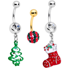Load image into Gallery viewer, Clear Gem Gold Tone Tree Stocking Christmas Dangle Belly Ring Set of 3