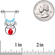 Load image into Gallery viewer, 14G 9/16 Blue Red Bell Reindeer Christmas Dangle Nipple Ring Set