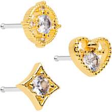 Load image into Gallery viewer, 20G 1/4 Clear CZ Gem Gold Tone Circle Heart Nose Bone Set of 3