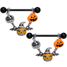 Load image into Gallery viewer, 14G 7/8 Black Pumpkin Trio Halloween Dangle Nipple Ring Set