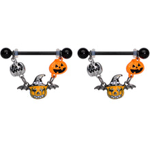 Load image into Gallery viewer, 14G 7/8 Black Pumpkin Trio Halloween Dangle Nipple Ring Set