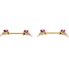 Load image into Gallery viewer, 14G 9/16 Clear Purple Gem Gold Hue Dainty Dolphin Nipple Ring Set