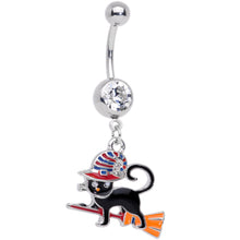 将图片加载到图库查看器,Clear Gem Witch Cat Broom Halloween Dangle Belly Ring