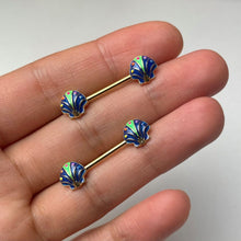 将图片加载到图库查看器,14G 9/16 Gold Tone Blue Shells Barbell Nipple Ring Set