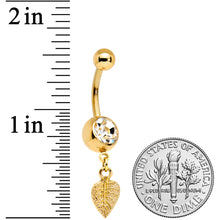 将图片加载到图库查看器,Clear Gem Gold Tone Autumn Textured Leaf Dangle Belly Ring