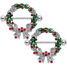 Load image into Gallery viewer, 14G 11/16 Red Green Gem Christmas Wreath Nipple Shield Set