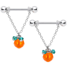 Load image into Gallery viewer, 14G 5/8 Green Orange Gem Pumpkin Halloween Dangle Nipple Ring Set