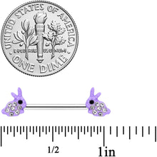 Load image into Gallery viewer, 14G 9/16 Clear Gem Purple Easter Bunny Barbell Nipple Ring Set