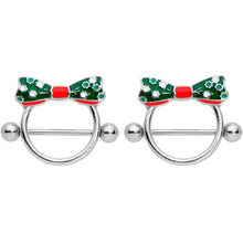 Load image into Gallery viewer, 14G 11/16 Green Red Polka Dot Bow Christmas Nipple Shield Set