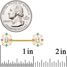 Load image into Gallery viewer, 14G 9/16 White Synth Opal Gold Tone Web Barbell Nipple Ring Set