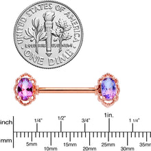 Load image into Gallery viewer, 14G 9/16 Purple Tourmaline Rose Gold Tone Nipple Ring Set