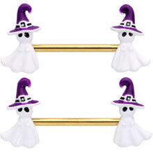 Load image into Gallery viewer, 14G 9/16 Gold Tone Ghost Witch Halloween Barbell Nipple Ring Set