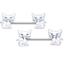 Load image into Gallery viewer, 14G 9/16 Blue Eyed White Cat Barbell Nipple Ring Set
