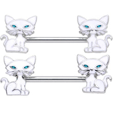 Load image into Gallery viewer, 14G 9/16 Blue Eyed White Cat Barbell Nipple Ring Set