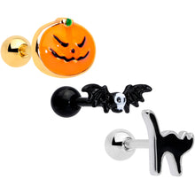 Load image into Gallery viewer, 16G 1/4 Gold Tone Black Cat Halloween Cartilage Tragus Set of 3