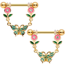 Load image into Gallery viewer, 14G 9/16 Clear Gem Gold Tone Butterfly Flower Nipple Ring Set