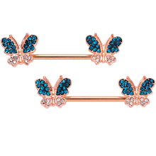 Load image into Gallery viewer, 14G 9/16 Clear Aqua Gem Rose Gold Tone Butterfly Nipple Ring Set