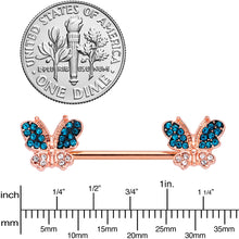 Load image into Gallery viewer, 14G 9/16 Clear Aqua Gem Rose Gold Tone Butterfly Nipple Ring Set