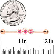 Load image into Gallery viewer, 14G Clear Gem Rose Gold Tone Pink Flowers Industrial Barbell 38mm