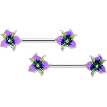 Load image into Gallery viewer, 14G 9/16 Clear Gem Purple Iris Flower Barbell Nipple Ring Set