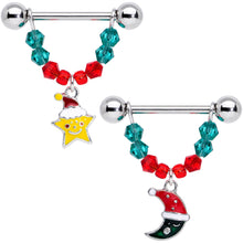 Load image into Gallery viewer, 14G 9/16 Red Green Gem Star Moon Christmas Dangle Nipple Ring Set