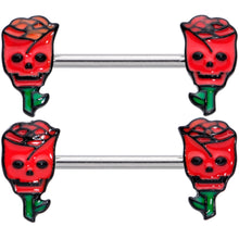 Load image into Gallery viewer, 14G 9/16 Skull Red Roses Valentine Barbell Nipple Ring Set