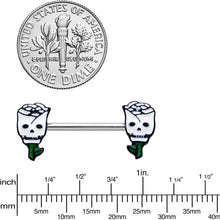 Load image into Gallery viewer, 14G 9/16 Skull White Roses Valentine Barbell Nipple Ring Set