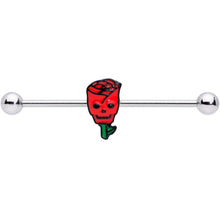 Load image into Gallery viewer, 14G Skull Red Rose Valentines Industrial Barbell 38mm