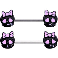 Load image into Gallery viewer, 14G 9/16 Heart Bow Black Skull Halloween Barbell Nipple Ring Set