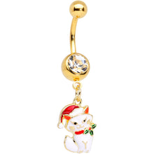 Load image into Gallery viewer, Clear Gem Gold Tone White Cat Santa Hat Christmas Dangle Belly Ring